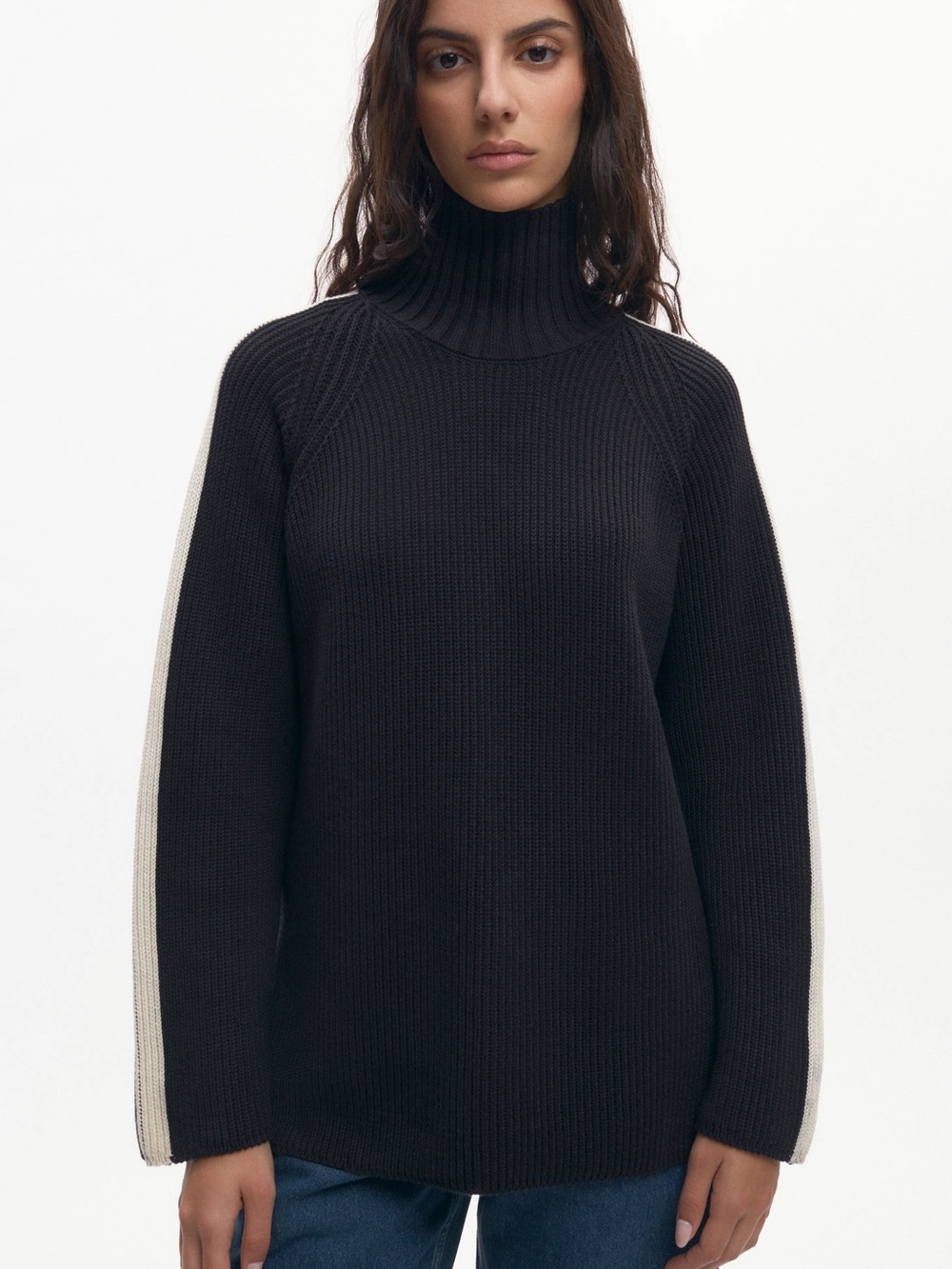 KOTN Farah Turtleneck 100% Cotton with Contrast White Stripe Sleeve - XL